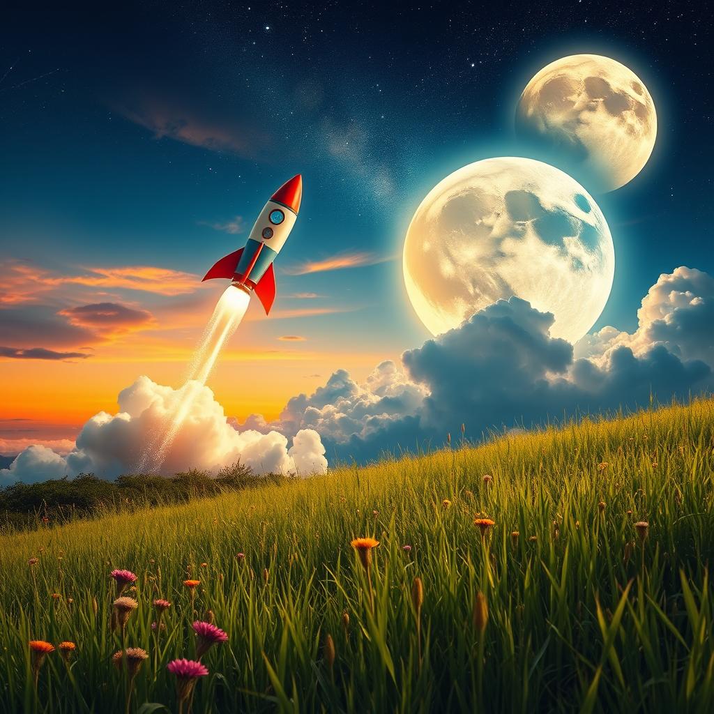 An adventurous Journey to the Moon captured in a vibrant, dynamic scene