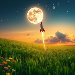 An adventurous Journey to the Moon captured in a vibrant, dynamic scene