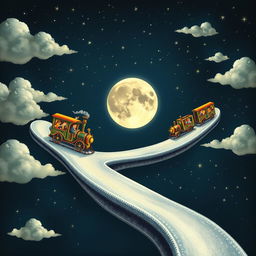 A whimsical and imaginative Journey to the Moon depicted with a fantastical train traveling along a shimmering silver track that spirals upwards into the starry night sky