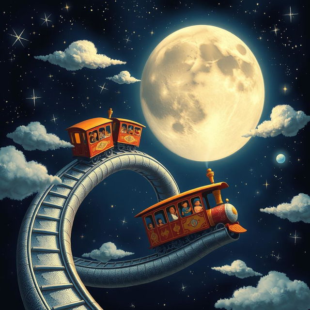 A whimsical and imaginative Journey to the Moon depicted with a fantastical train traveling along a shimmering silver track that spirals upwards into the starry night sky