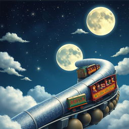 A whimsical and imaginative Journey to the Moon depicted with a fantastical train traveling along a shimmering silver track that spirals upwards into the starry night sky