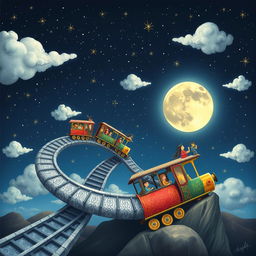 A whimsical and imaginative Journey to the Moon depicted with a fantastical train traveling along a shimmering silver track that spirals upwards into the starry night sky