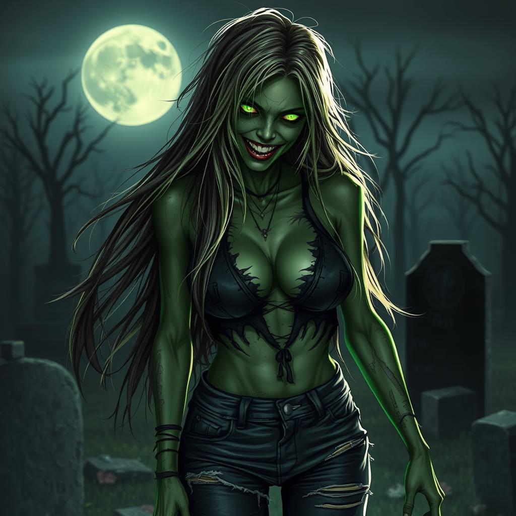 A sexy zombie characterized by alluring features and a captivating posture