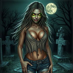 A sexy zombie characterized by alluring features and a captivating posture