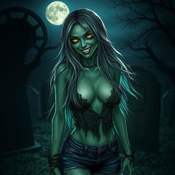 A sexy zombie characterized by alluring features and a captivating posture