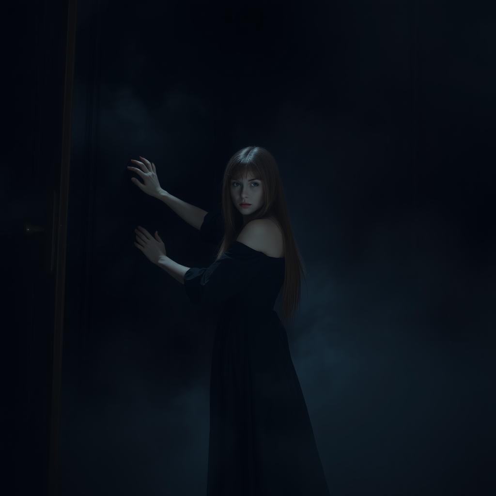 A dark and emotional scene featuring a woman with straight hair, dressed in a flowing dark gown, standing before a large, ominous door