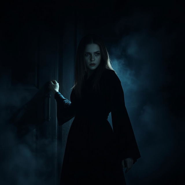 A dark and emotional scene featuring a woman with straight hair, dressed in a flowing dark gown, standing before a large, ominous door