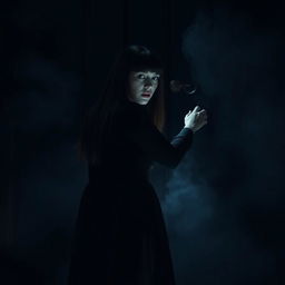 A dark and emotional scene featuring a woman with straight hair, dressed in a flowing dark gown, standing before a large, ominous door