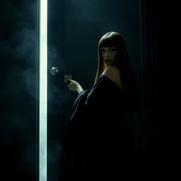 A dark and emotional scene featuring a woman with straight hair, dressed in a flowing dark gown, standing before a large, ominous door