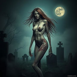 A striking and alluring zombie figure, depicted as fully nude, showcasing detailed and realistic decayed skin, with a mix of eerie beauty