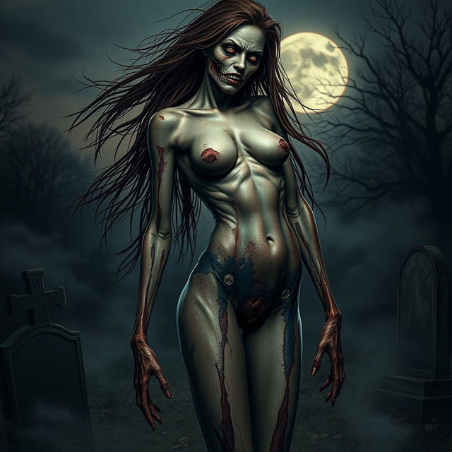 A striking and alluring zombie figure, depicted as fully nude, showcasing detailed and realistic decayed skin, with a mix of eerie beauty