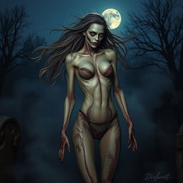 A striking and alluring zombie figure, depicted as fully nude, showcasing detailed and realistic decayed skin, with a mix of eerie beauty
