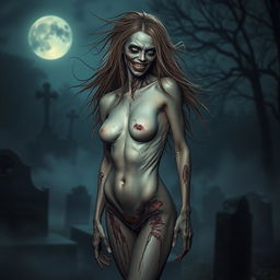 A striking and alluring zombie figure, depicted as fully nude, showcasing detailed and realistic decayed skin, with a mix of eerie beauty