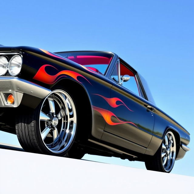 A stunning black 1965 Ford Thunderbird with vibrant flames adorning the sides