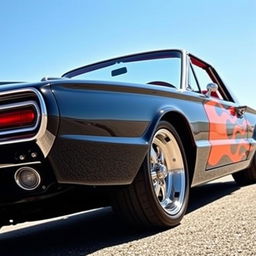 A stunning black 1965 Ford Thunderbird with vibrant flames adorning the sides