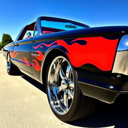 A stunning black 1965 Ford Thunderbird with vibrant flames adorning the sides