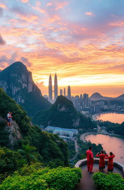 A breathtaking view of Malaysia's diverse landscapes, including lush tropical rainforest, dramatic limestone cliffs, vibrant cityscapes of Kuala Lumpur with the iconic Petronas Towers, and stunning beaches on the islands of Langkawi