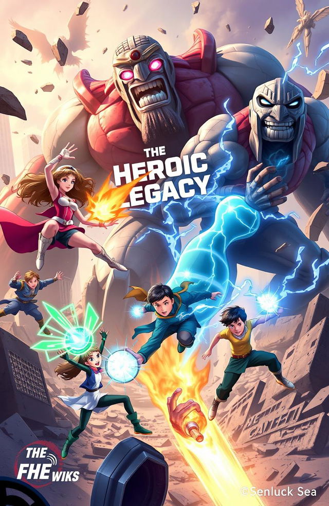 A dynamic and action-packed scene depicting five heroes (two girls and three boys) with unique superpowers in an intense battle against three towering Titans