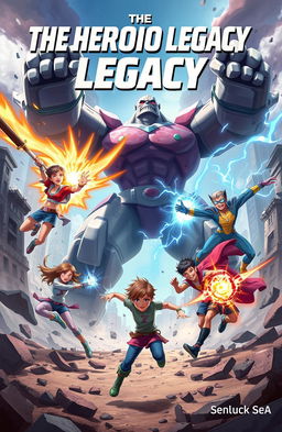 A dynamic and action-packed scene depicting five heroes (two girls and three boys) with unique superpowers in an intense battle against three towering Titans