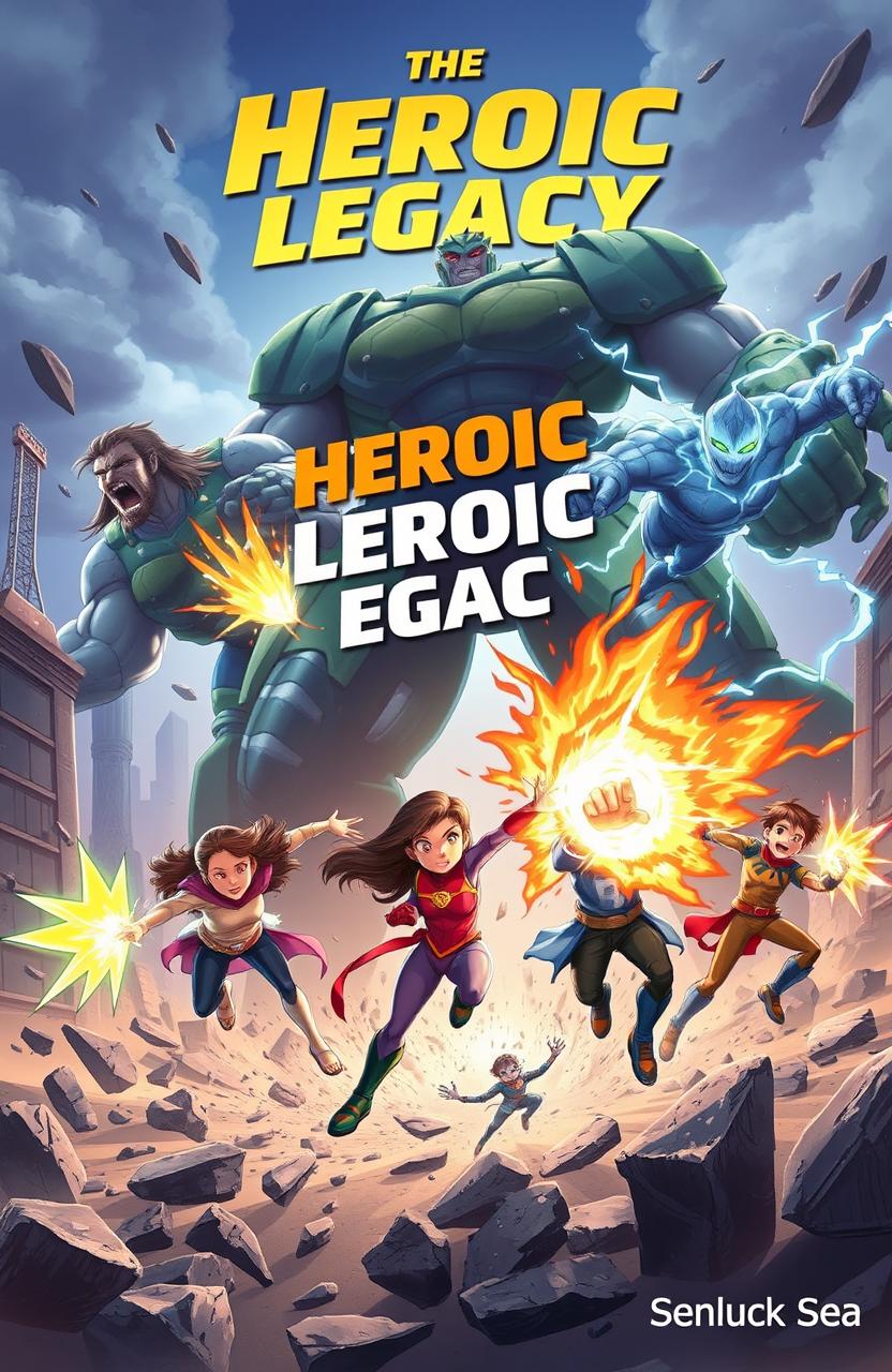 A dynamic and action-packed scene depicting five heroes (two girls and three boys) with unique superpowers in an intense battle against three towering Titans