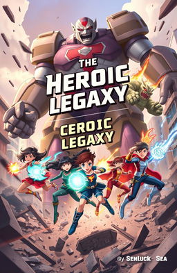 A dynamic and action-packed scene depicting five heroes (two girls and three boys) with unique superpowers in an intense battle against three towering Titans