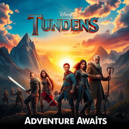 A dynamic and colorful movie poster featuring a group of adventurous characters embarking on an epic journey