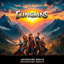 A dynamic and colorful movie poster featuring a group of adventurous characters embarking on an epic journey