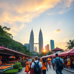An inviting scene showcasing the beauty of Malaysia, featuring a blend of its stunning landscapes such as the lush green rainforests, iconic Petronas Towers in Kuala Lumpur, and the serene beaches of Tioman Island