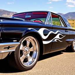 A classic black 1965 Ford Thunderbird with striking white painted flames on the sides, large chrome wheels that shine brilliantly, and a luxurious red interior