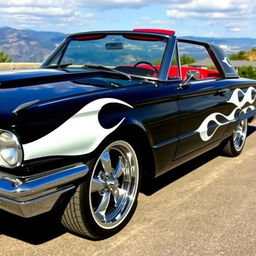 A classic black 1965 Ford Thunderbird with striking white painted flames on the sides, large chrome wheels that shine brilliantly, and a luxurious red interior