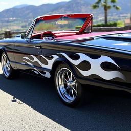 A classic black 1965 Ford Thunderbird with striking white painted flames on the sides, large chrome wheels that shine brilliantly, and a luxurious red interior