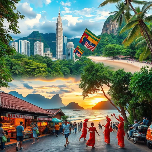 An inviting scene showcasing the beauty of Malaysia, featuring a blend of its stunning landscapes such as the lush green rainforests, iconic Petronas Towers in Kuala Lumpur, and the serene beaches of Tioman Island