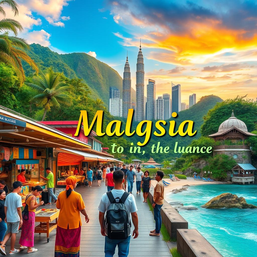 An inviting scene showcasing the beauty of Malaysia, featuring a blend of its stunning landscapes such as the lush green rainforests, iconic Petronas Towers in Kuala Lumpur, and the serene beaches of Tioman Island