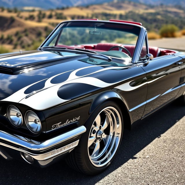 A classic black 1965 Ford Thunderbird with striking white painted flames on the sides, large chrome wheels that shine brilliantly, and a luxurious red interior