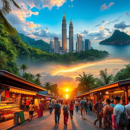 An inviting scene showcasing the beauty of Malaysia, featuring a blend of its stunning landscapes such as the lush green rainforests, iconic Petronas Towers in Kuala Lumpur, and the serene beaches of Tioman Island