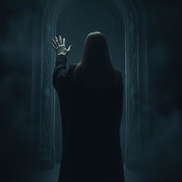 A dark and evocative scene featuring a woman with straight hair, viewed from behind, reaching for a large menacing door