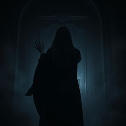 A dark and evocative scene featuring a woman with straight hair, viewed from behind, reaching for a large menacing door