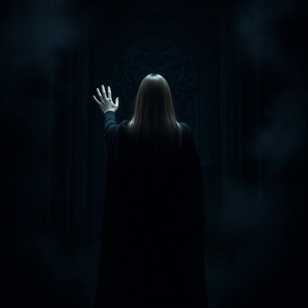 A dark and evocative scene featuring a woman with straight hair, viewed from behind, reaching for a large menacing door