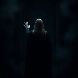 A dark and evocative scene featuring a woman with straight hair, viewed from behind, reaching for a large menacing door