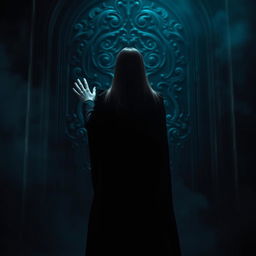 A dark and evocative scene featuring a woman with straight hair, viewed from behind, reaching for a large menacing door