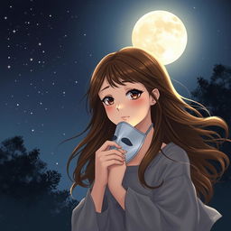 A brown-haired girl gently taking off a mask, standing under a glowing full moon