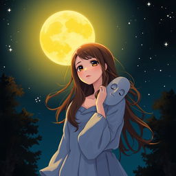 A brown-haired girl gently taking off a mask, standing under a glowing full moon