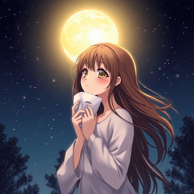 A brown-haired girl gently taking off a mask, standing under a glowing full moon