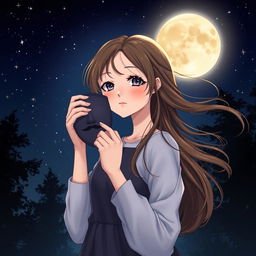 A brown-haired girl gently taking off a mask, standing under a glowing full moon