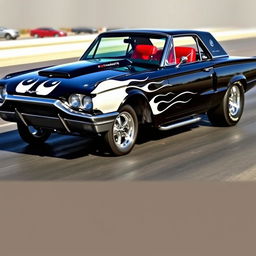 A stunning black 1965 Ford Thunderbird drag car, featuring bold white painted flames along the sides