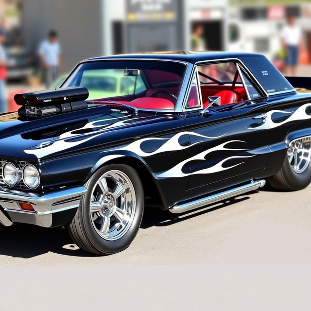 A stunning black 1965 Ford Thunderbird drag car, featuring bold white painted flames along the sides