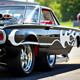 A stunning black 1965 Ford Thunderbird drag car, featuring bold white painted flames along the sides