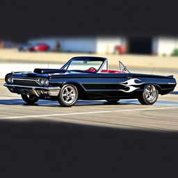 A stunning black 1965 Ford Thunderbird drag car, featuring bold white painted flames along the sides