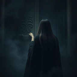 A mysterious and atmospheric scene depicting a woman with straight hair, seen from behind, struggling to open a large, foreboding door