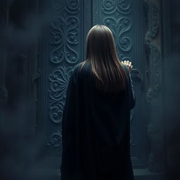 A mysterious and atmospheric scene depicting a woman with straight hair, seen from behind, struggling to open a large, foreboding door